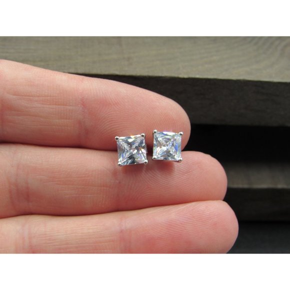 Sterling Silver Clear Cubic Zirconia Fancy Square Stud Earrings Vintage Wedding - Picture 3 of 7